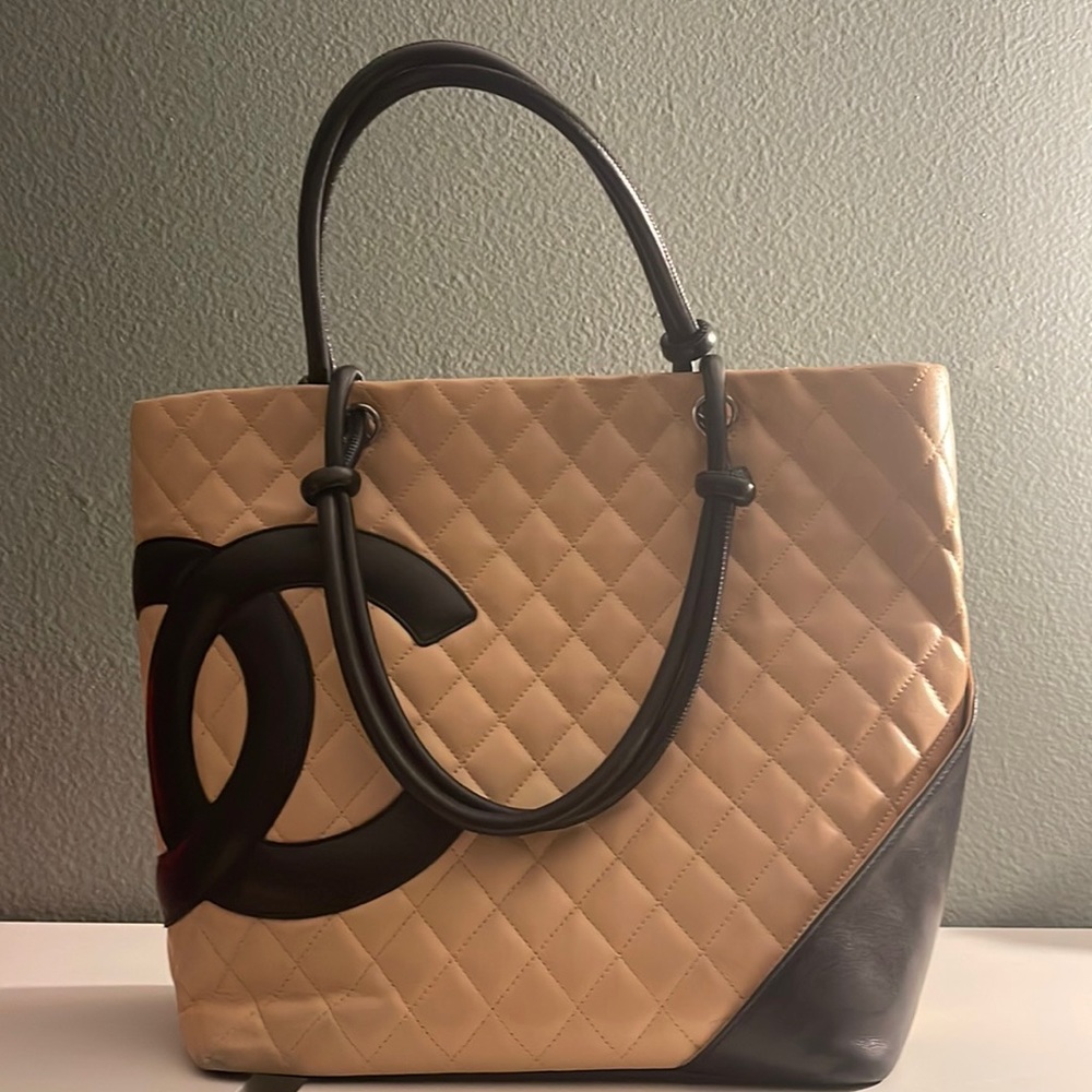 CHANEL Beige Quilted Tote with Black Accents